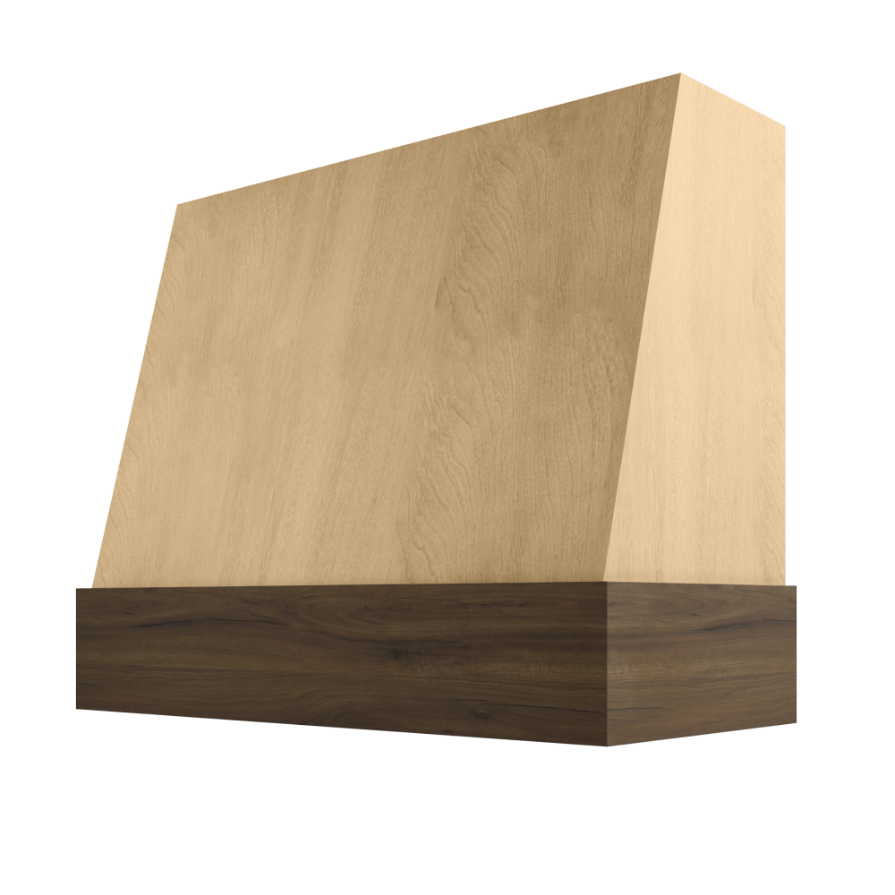 Angled Wood Range Hood with Walnut Stained Band