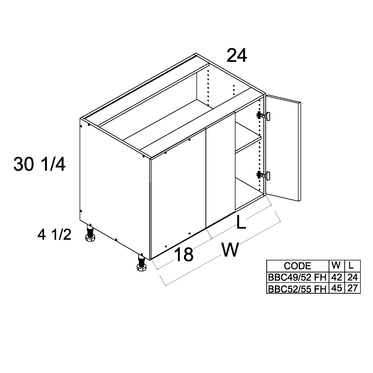 White Wood 49/52" W Blind Base Full Height Two Door